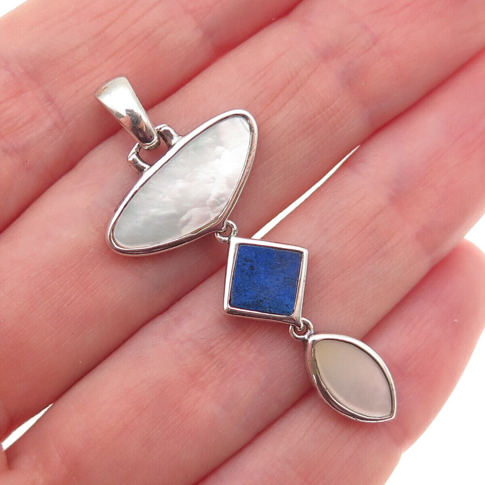 925 Sterling Silver Vintage Real Lapis & MOP Modernist Charm Pendant